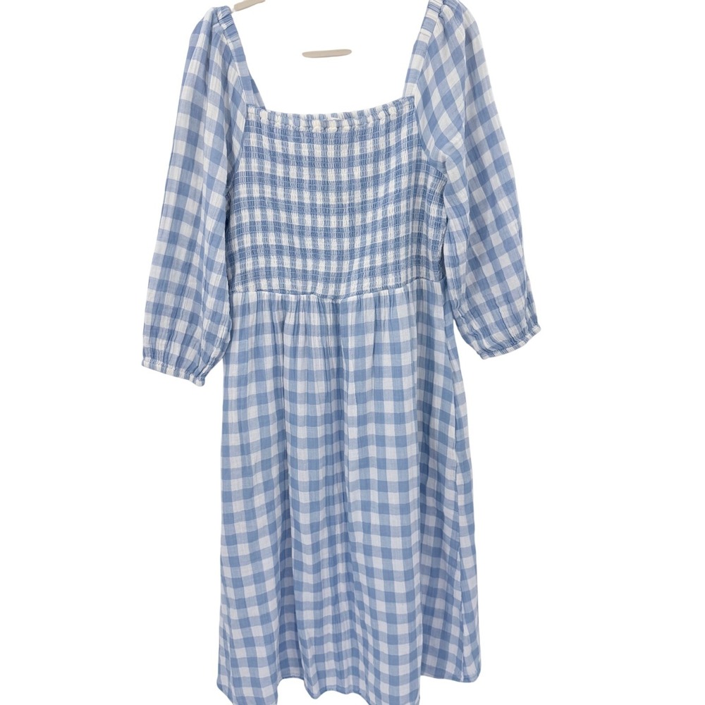 Beach lunch lounge Blue Gingham Smocked Midi Dress Square Neck Cotton WCD5087 L